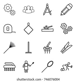 thin line icon set : gear, group, draw compass, pencil, measuring tape, rag, soil cutter, gears, rake, vacuum cleaner, clothespin, brush, woman with duster