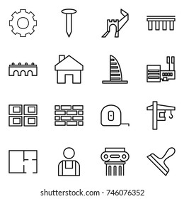 thin line icon set : gear, nail, greate wall, bridge, home, skyscraper, mall, panel house, brick, measuring tape, tower crane, plan, workman, antique column, scraper