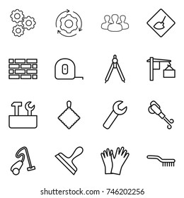 thin line icon set : gear, around, group, under construction, brick wall, measuring tape, drawing compasses, loading, repair tools, rag, wrench, blower, vacuum cleaner, scraper, gloves, brush