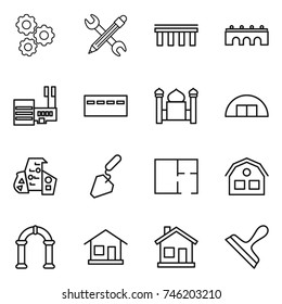 thin line icon set : gear, pencil wrench, bridge, mall, bunker, minaret, hangare, modern architecture, construction, plan, house, arch, home, scraper