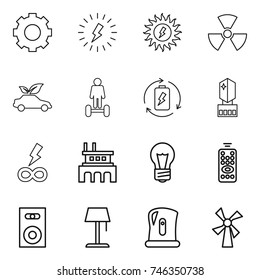 thin line icon set : gear, lightning, sun power, nuclear, eco car, hoverboard, battery charge, crystall memory, infinity, factory, bulb, remote control, speaker, floor lamp, kettle, windmill