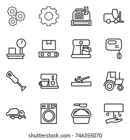 thin line icon set : gear, cashbox, fork loader, warehouse scales, transporter tape, coffee maker, mixer, blender, soil cutter, tractor, trash truck, washing machine, powder, hand dryer
