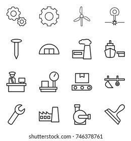 thin line icon set : gear, windmill, laser, nail, hangare, factory, port, customs control, warehouse scales, transporter tape, plow, wrench, water pump, scraper