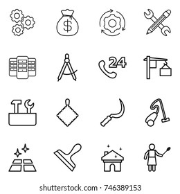 thin line icon set : gear, money bag, around, pencil wrench, server, draw compass, phone 24, loading, repair tools, rag, sickle, vacuum cleaner, clean floor, scraper, house cleaning