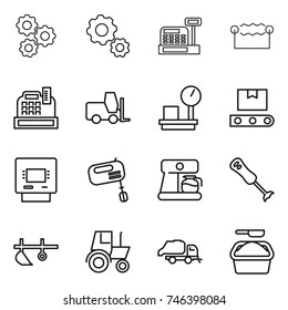 thin line icon set : gear, cashbox, electrostatic, fork loader, warehouse scales, transporter tape, atm, mixer, coffee maker, blender, plow, tractor, trash truck, washing powder