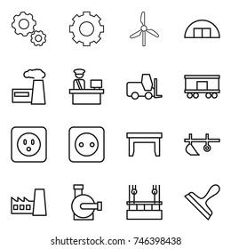 thin line icon set : gear, windmill, hangare, factory, customs control, fork loader, railroad shipping, power socket, table, plow, water pump, skysrcapers cleaning, scraper