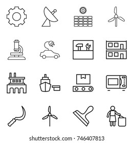 thin line icon set : gear, satellite antenna, sun power, windmill, microscope, electric car, tools, modular house, factory, port, transporter tape, microwave oven, sickle, scraper, garbage bin