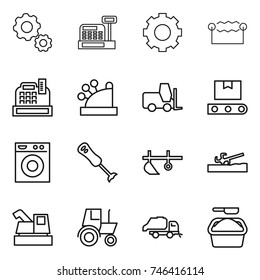thin line icon set : gear, cashbox, electrostatic, fork loader, transporter tape, washing machine, blender, plow, soil cutter, harvester, tractor, trash truck, powder