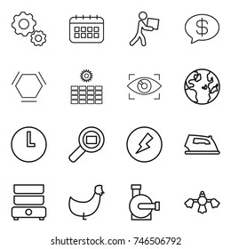 thin line icon set : gear, calendar, courier, money message, hex molecule, sun power, eye identity, globe, clock, cargo search, electricity, iron, double boiler, chicken, water pump