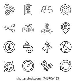 thin line icon set : gear, report, group, around, core splitting, bio, spinner, dollar pin, info, trip, route, earth, disco ball, barometer, gears, reload