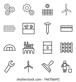 thin line icon set : gear, sun power, windmill, battery, tools, nail, bunker, hangare, factory, barrel, pallet, wrench, scraper, garbage bin