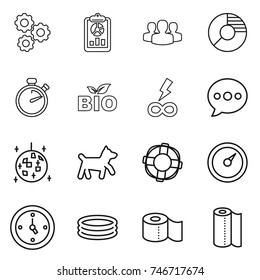 thin line icon set : gear, report, group, circle diagram, stopwatch, bio, infinity power, balloon, disco ball, dog, lifebuoy, barometer, watch, inflatable pool, toilet paper, towel