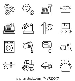 thin line icon set : gear, cashbox, electrostatic, tower crane, transporter tape, washing machine, mixer, coffee maker, plow, tractor, trash truck, powder