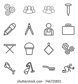 thin line icon set : gear, group, nail, pencil, drawing compasses, workman, suitcase, iron board, bucket, rag, gears, blower, vacuum cleaner, brush