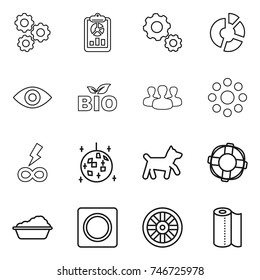 Thin Line Icon Set : Gear, Report, Circle Diagram, Eye, Bio, Group, Round Around, Infinity Power, Disco Ball, Dog, Lifebuoy, Washing, Ring Button, Wheel, Paper Towel