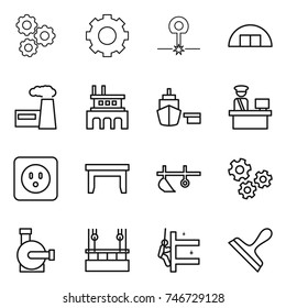 thin line icon set : gear, laser, hangare, factory, port, customs control, power socket, table, plow, gears, water pump, skysrcapers cleaning, skyscrapers, scraper