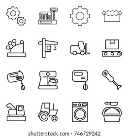 thin line icon set : gear, cashbox, electrostatic, tower crane, fork loader, transporter tape, mixer, coffee maker, blender, harvester, tractor, washing machine, powder
