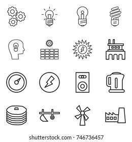 thin line icon set : gear, bulb, head, sun power, factory, barometer, electricity, speaker, kettle, pancakes, plow, windmill