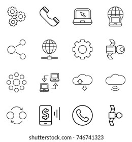thin line icon set : gear, phone, notebook, globe, molecule, connect, satellite, round around, cloude service, cloud wireless, quantum bond, mobile pay