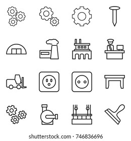 thin line icon set : gear, nail, hangare, factory, customs control, fork loader, power socket, table, gears, water pump, skysrcapers cleaning, scraper