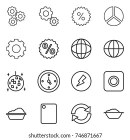 thin line icon set : gear, percent, diagram, globe, disco ball, watch, electricity, ring button, washing, cutting board, reload, foam basin