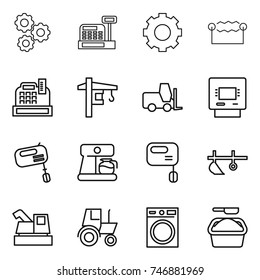 thin line icon set : gear, cashbox, electrostatic, tower crane, fork loader, atm, mixer, coffee maker, plow, harvester, tractor, washing machine, powder
