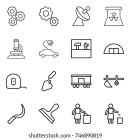 thin line icon set : gear, satellite antenna, nuclear power, microscope, electric car, tools, hangare, measuring tape, construction, railroad shipping, plow, sickle, scraper, garbage bin