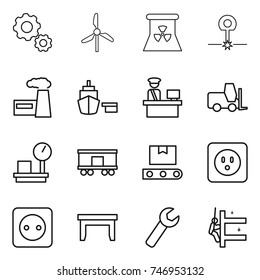 thin line icon set : gear, windmill, nuclear power, laser, factory, port, customs control, fork loader, warehouse scales, railroad shipping, transporter tape, socket, table, wrench