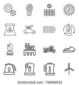thin line icon set : gear, bulb, sun power, nuclear, eco car, battery, charge, crystall memory, factory, motorcycle, jet ski, kettle, windmill