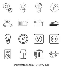 thin line icon set : gear, bulb, brain, lightning, eco car, battery, electrostatic, jet ski, barometer, power socket, speaker, floor lamp, kettle, plow