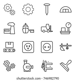thin line icon set : gear, nail, hangare, factory, port, fork loader, warehouse scales, transporter tape, power socket, plow, gears, water pump, skyscrapers cleaning, scraper