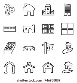 thin line icon set : gear, home, mansion, skyscraper, bunker, slum, panel house, window, brick, bridge, tower crane, real estate, arch, bungalow, barn, housing