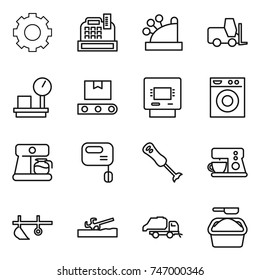 thin line icon set : gear, cashbox, fork loader, warehouse scales, transporter tape, atm, washing machine, coffee maker, mixer, blender, plow, soil cutter, trash truck, powder