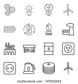 thin line icon set : gear, bulb, brain, windmill, battery, charge, crystall memory, factory, gas station, barrel, power socket, kettle, pancakes
