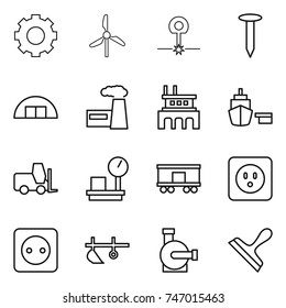 thin line icon set : gear, windmill, laser, nail, hangare, factory, port, fork loader, warehouse scales, railroad shipping, power socket, plow, water pump, scraper