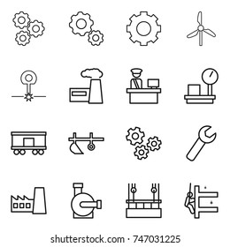 thin line icon set : gear, windmill, laser, factory, customs control, warehouse scales, railroad shipping, plow, gears, wrench, water pump, skysrcapers cleaning, skyscrapers