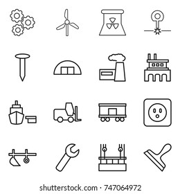 thin line icon set : gear, windmill, nuclear power, laser, nail, hangare, factory, port, fork loader, railroad shipping, socket, plow, wrench, skysrcapers cleaning, scraper