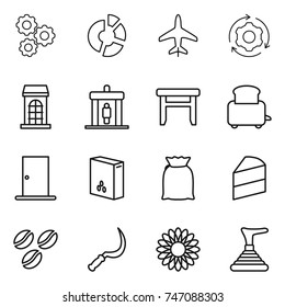 thin line icon set : gear, circle diagram, plane, around, building, detector, stool, toaster, door, cereals, flour, cake, coffee seeds, sickle, flower, plunger