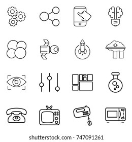 thin line icon set : gear, share, touch, bulb brain, atom core, satellite, rocket, factory filter, eye identity, equalizer, consolidated cargo, chemical, phone, tv, mixer, microwave oven