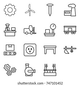 thin line icon set : gear, windmill, nail, factory, customs control, fork loader, warehouse scales, railroad shipping, transporter tape, power socket, table, plow, gears, water pump
