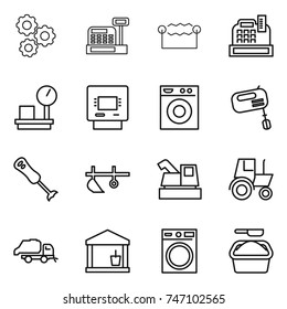 thin line icon set : gear, cashbox, electrostatic, warehouse scales, atm, washing machine, mixer, blender, plow, harvester, tractor, trash truck, utility room, powder