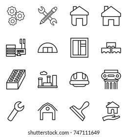 thin line icon set : gear, pencil wrench, home, mall, hangare, window, block wall, brick, city, building helmet, antique column, barn, scraper, housing