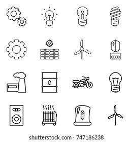 thin line icon set : gear, bulb, sun power, windmill, crystall memory, factory, barrel, motorcycle, speaker, radiator, kettle