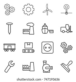 thin line icon set : gear, windmill, laser, nail, factory, port, fork loader, railroad shipping, transporter tape, power socket, gears, wrench, water pump, scraper