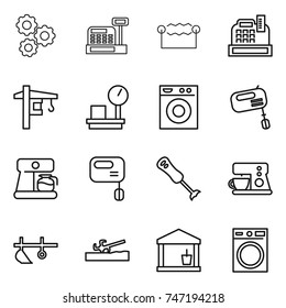 thin line icon set : gear, cashbox, electrostatic, tower crane, warehouse scales, washing machine, mixer, coffee maker, blender, plow, soil cutter, utility room