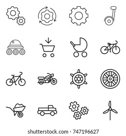 thin line icon set : gear, around, segway, lunar rover, add to cart, baby stroller, bike, motorcycle, handwheel, wheel, wheelbarrow, pickup, gears, windmill