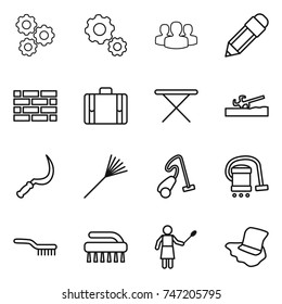 thin line icon set : gear, group, pencil, brick wall, suitcase, iron board, soil cutter, sickle, rake, vacuum cleaner, brush, woman with duster, floor washing