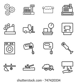 thin line icon set : gear, cashbox, electrostatic, fork loader, warehouse scales, atm, washing machine, mixer, blender, plow, soil cutter, trash truck, hand dryer