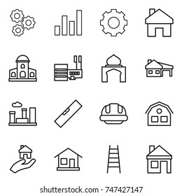 thin line icon set : gear, graph, home, mansion, mall, minaret, house with garage, city, level, building helmet, real estate, stairs