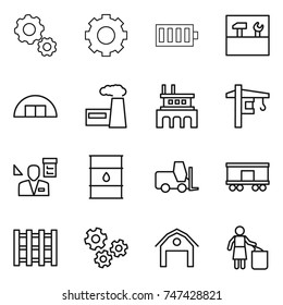 thin line icon set : gear, battery, tools, hangare, factory, tower crane, architector, barrel, fork loader, railroad shipping, pallet, gears, barn, garbage bin